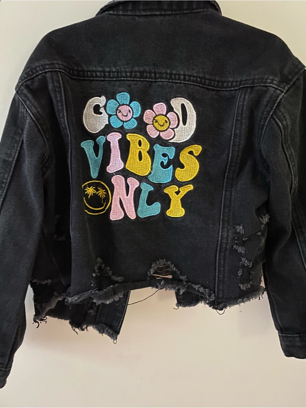 SHEIN little girl size 7 Good Vibes Only Black Distressed Denim Jacket